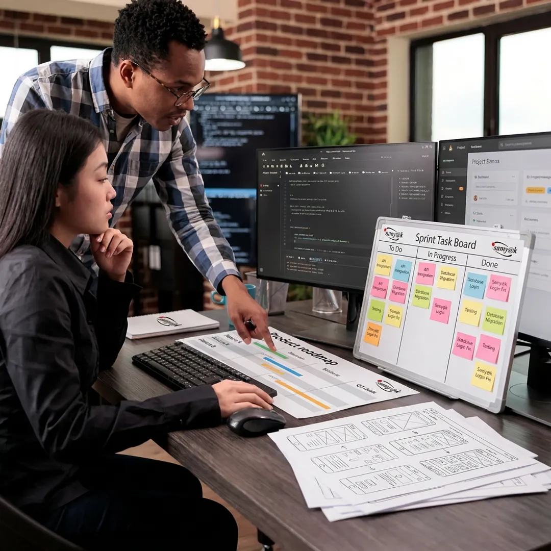 Software team planning product development workflow