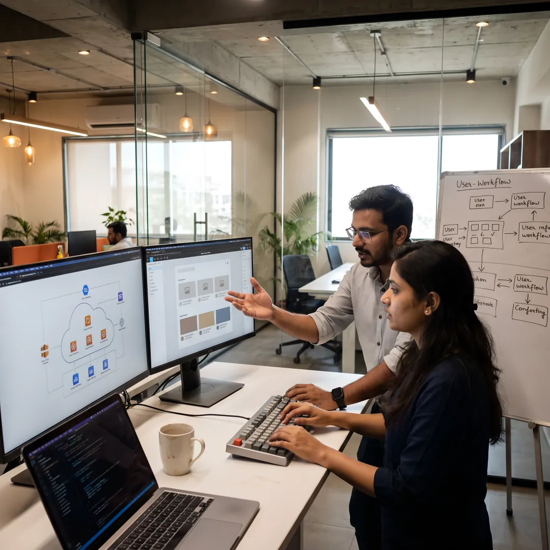 Custom application development team designing software