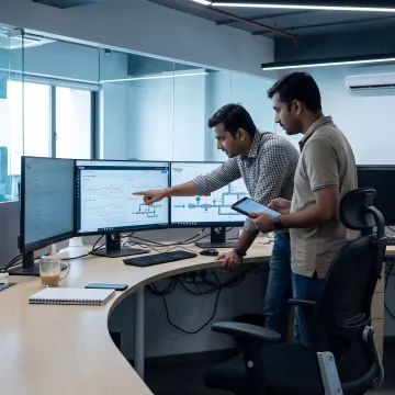 IoT engineers monitoring connected devices on a digital dashboard