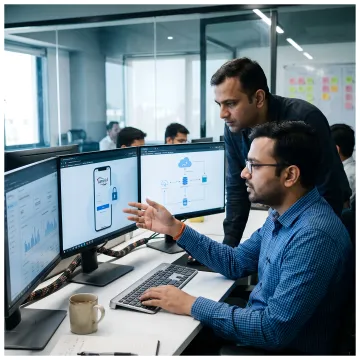 Enterprise mobile app development team working on interfaces