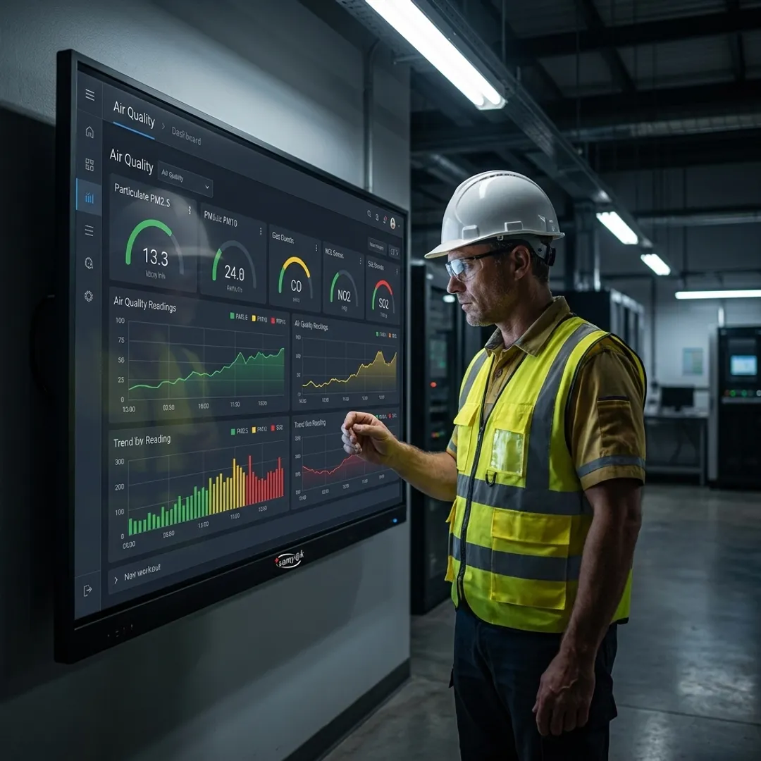 Industrial engineer reviewing air-quality data