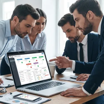 Team reviewing a digital approval workflow dashboard