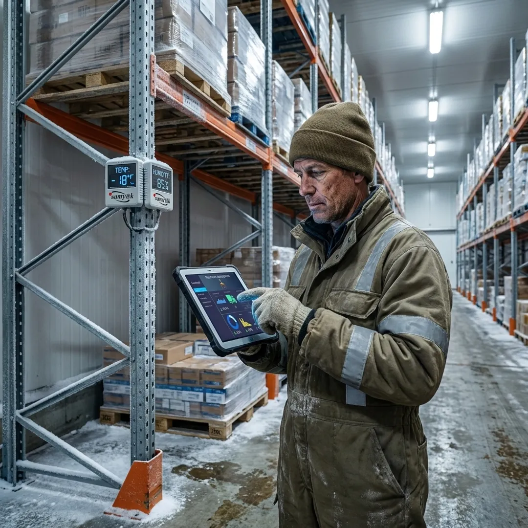 Technician reviewing cold storage monitoring data