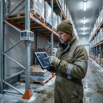 Technician reviewing cold storage monitoring data