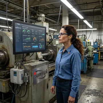 Engineer reviewing connected factory equipment data