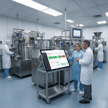 Pharmaceutical manufacturing team reviewing a digital workflow dashboard