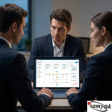 Team reviewing a digital workflow dashboard