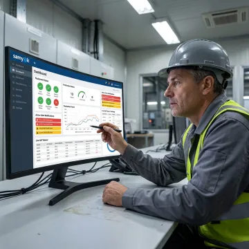 Factory manager viewing remote monitoring dashboard