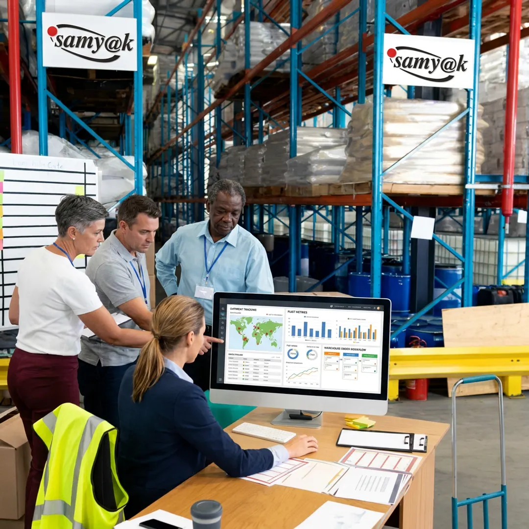 Team collaborating on logistics software dashboard
