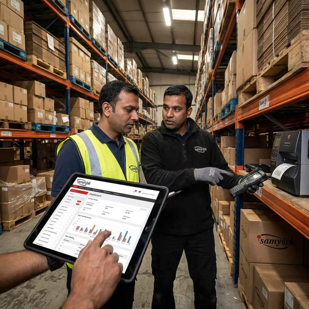 Warehouse team using digital inventory software