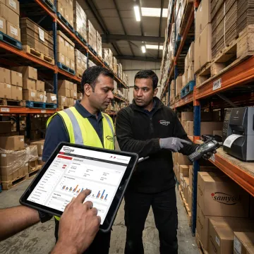 Warehouse team using digital inventory software