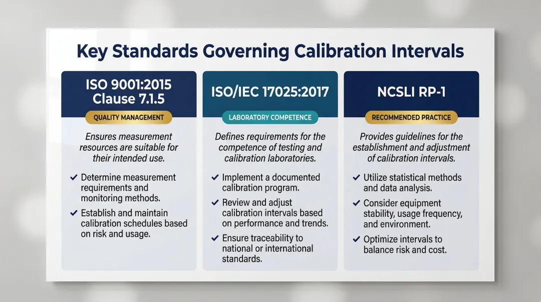 Three calibration interval standards ISO 9001 ISO IEC 17025 NCSLI RP-1 overview infographic