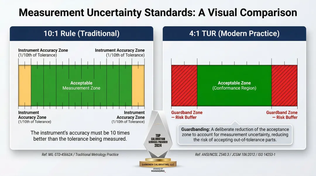 10-to-1 measurement uncertainty ratio rule versus 4-to-1 TUR modern standard comparison
