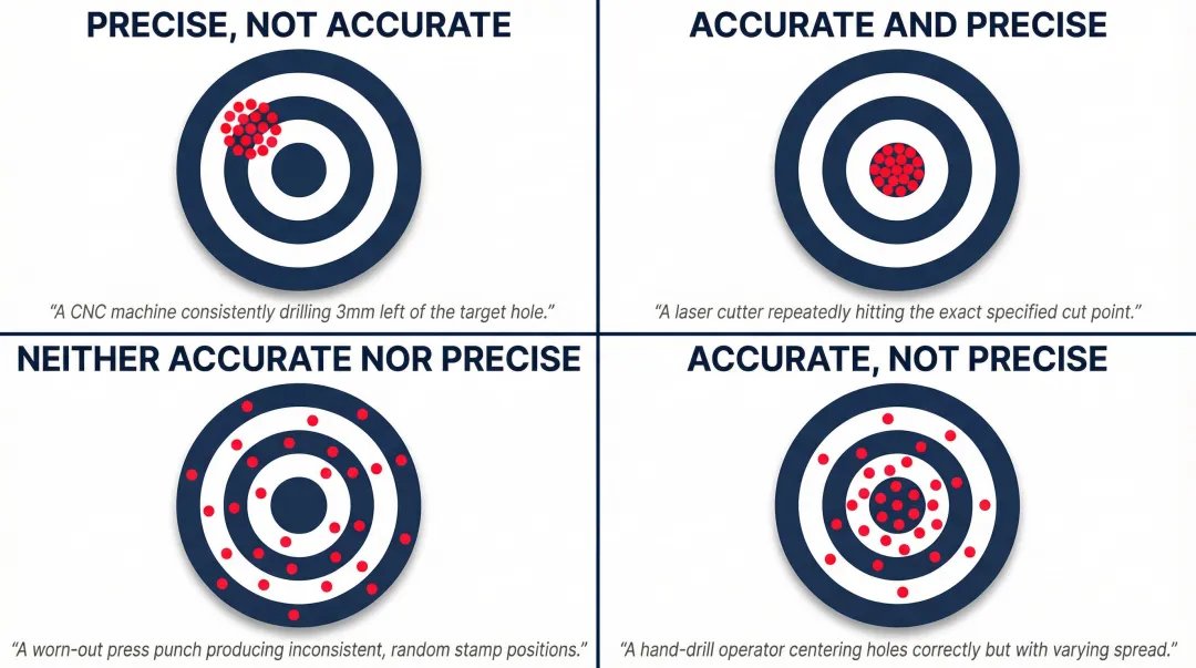 Accuracy versus precision four-quadrant target diagram manufacturing comparison