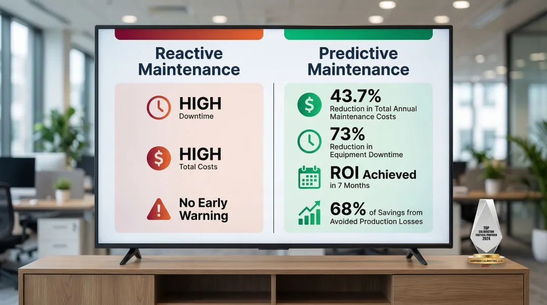 Predictive versus reactive maintenance cost comparison showing downtime and savings data