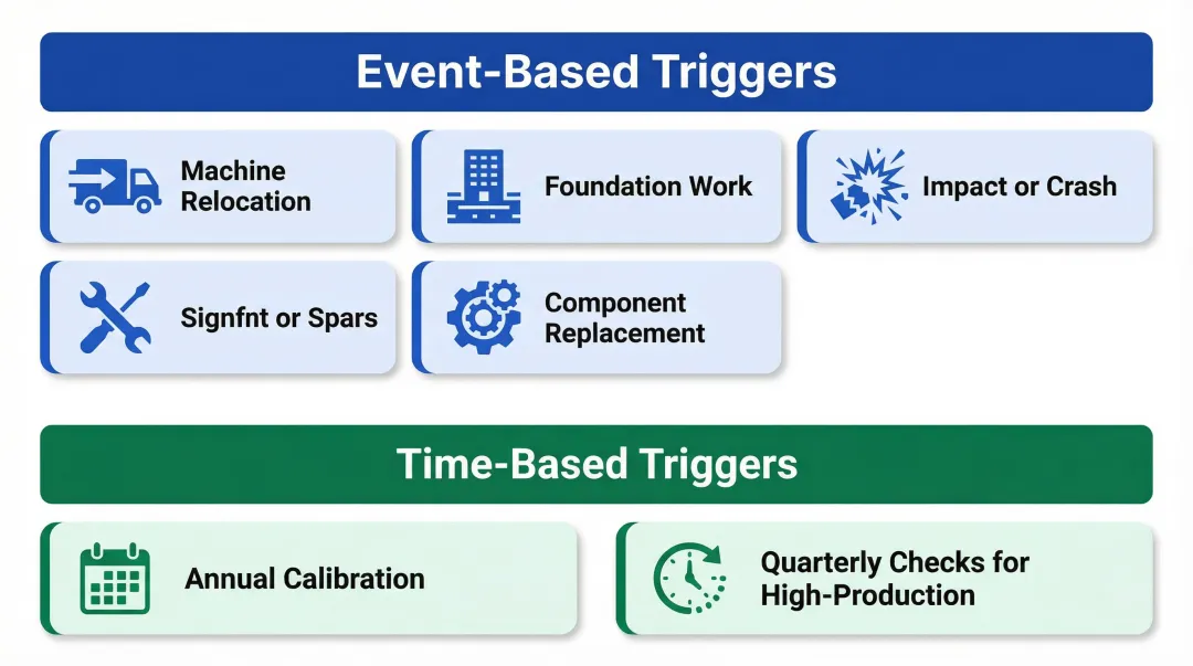 Machine leveling and alignment check triggers event-based and time-based schedule