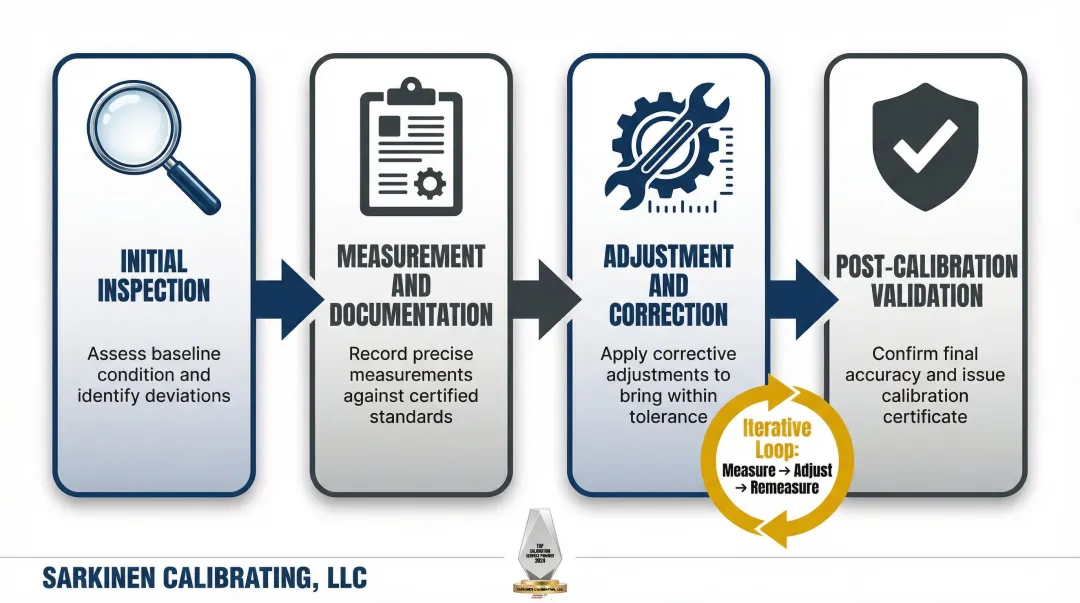 4-phase professional CNC machine calibration process flow from inspection to validation