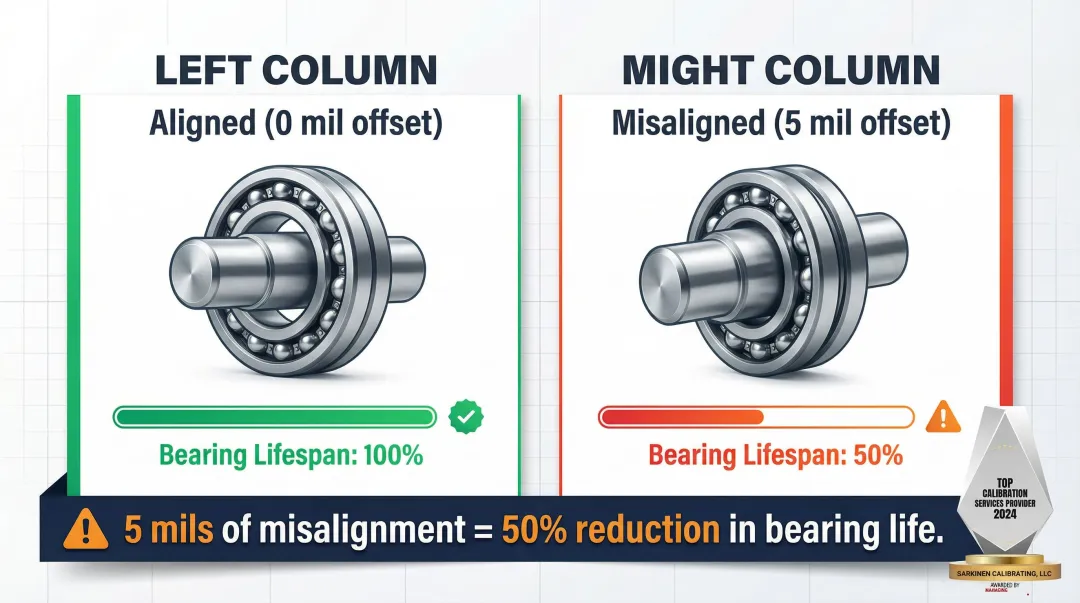 5-mil shaft misalignment effect on bearing life reduction percentage infographic