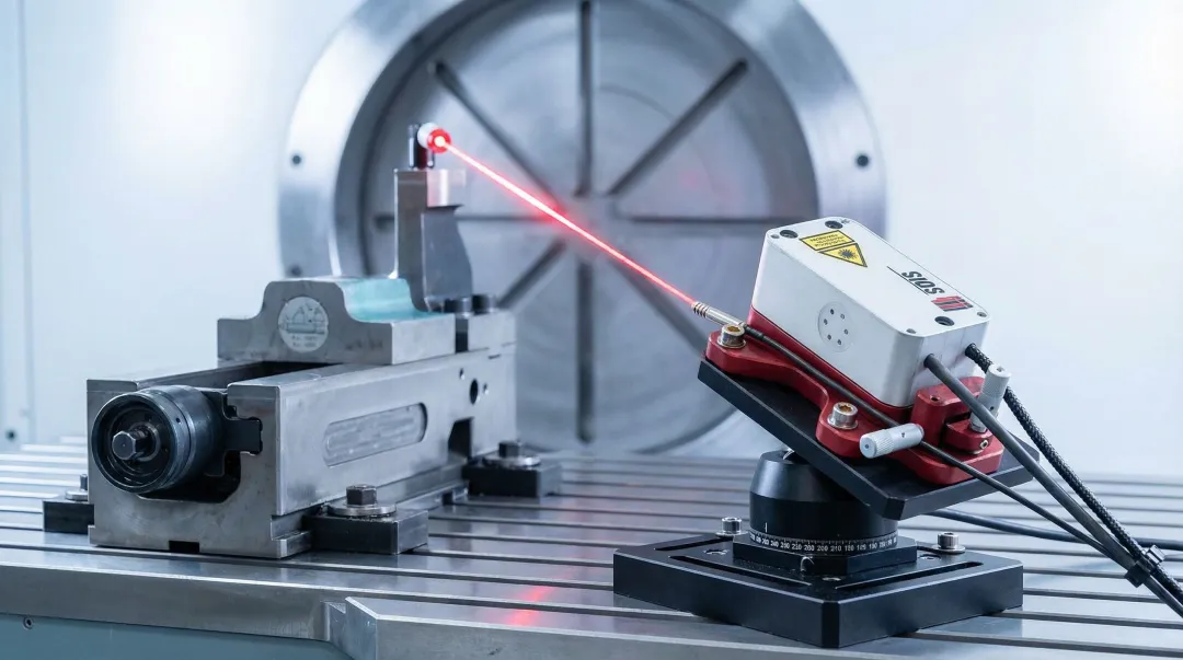 Laser interferometer alignment system measuring CNC machine axis straightness