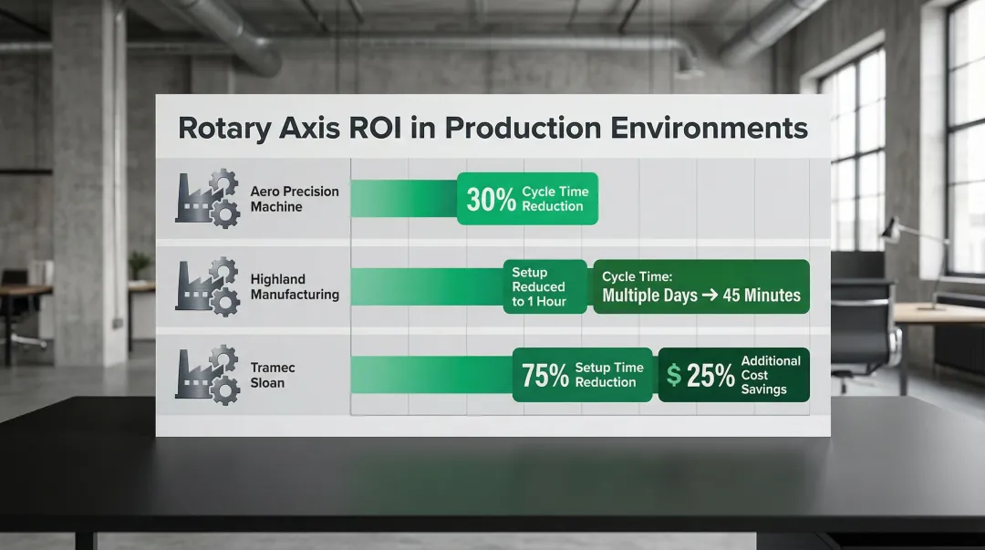 Rotary axis ROI statistics showing cycle time and setup time reduction by manufacturer