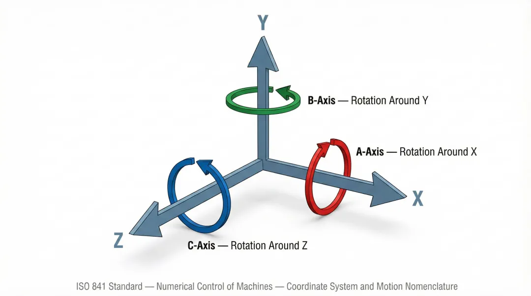 CNC rotary axis A B C designation diagram showing rotation around linear axes