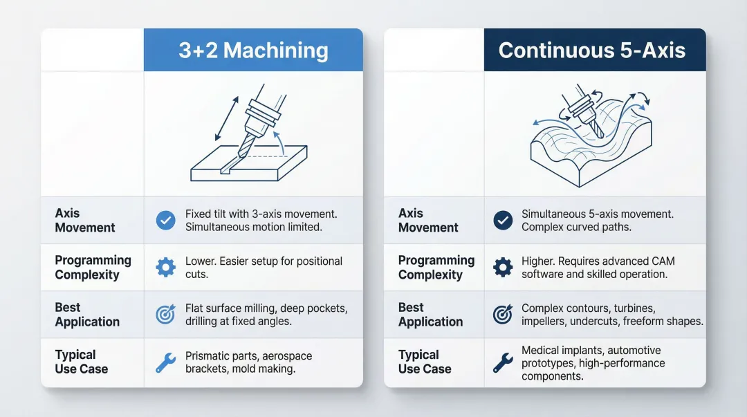 3+2 machining versus continuous 5-axis side-by-side feature comparison infographic