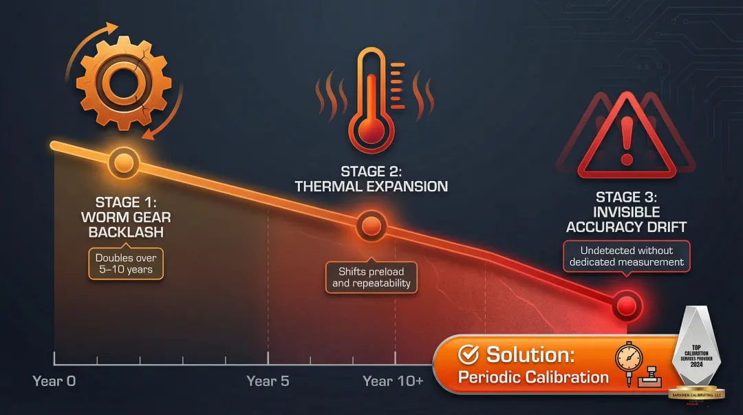 Rotary axis mechanical wear and thermal degradation failure modes over service life