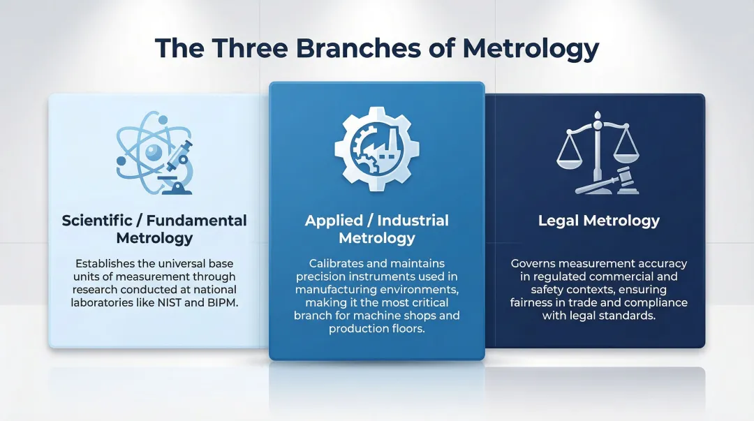 Three branches of metrology scientific applied and legal comparison infographic