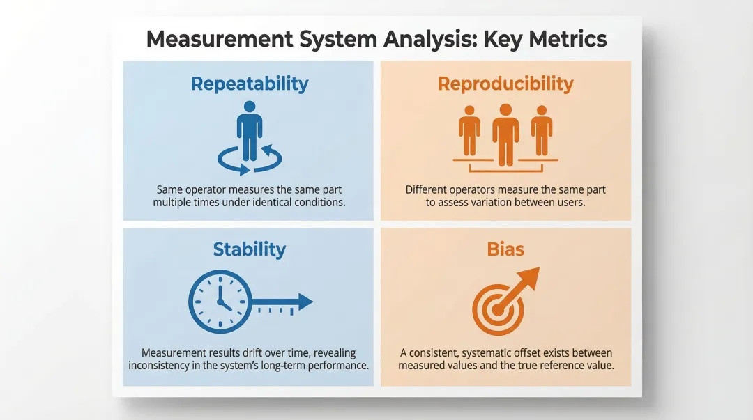 Gauge R&R measurement system analysis four key metrics evaluation diagram