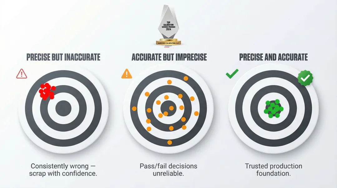 Precision versus accuracy three-scenario comparison infographic for manufacturing measurement quality