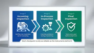 Three-stage manufacturing inspection workflow from incoming to final quality check
