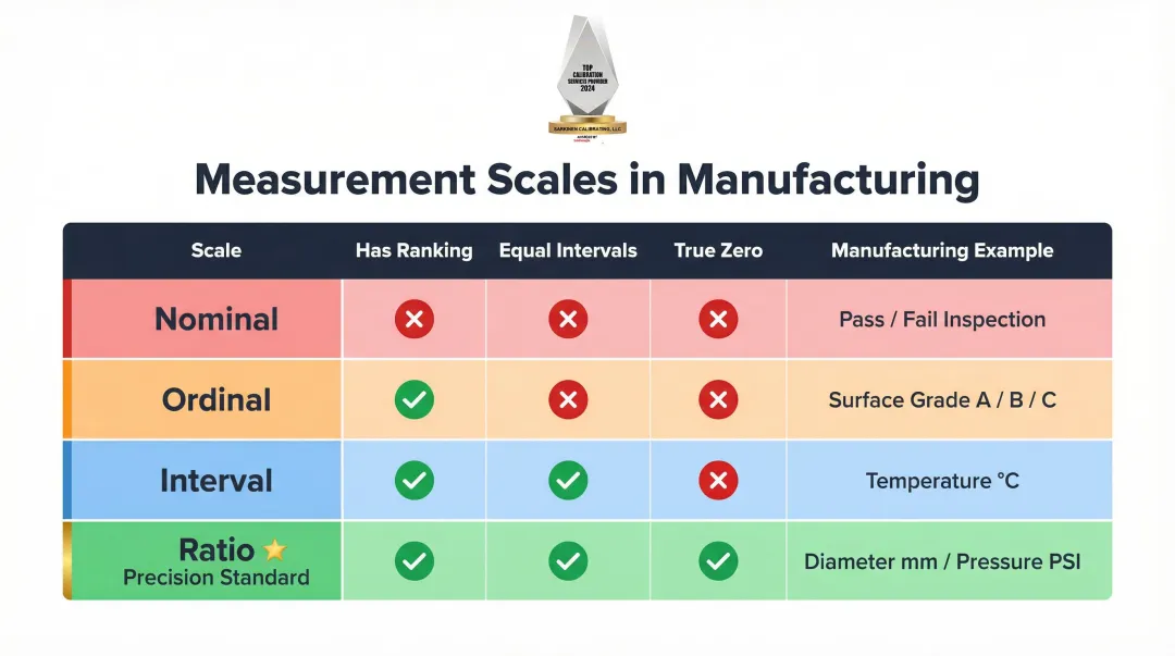 Four measurement scales comparison chart nominal ordinal interval ratio with manufacturing examples