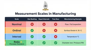 Four measurement scales comparison chart nominal ordinal interval ratio with manufacturing examples