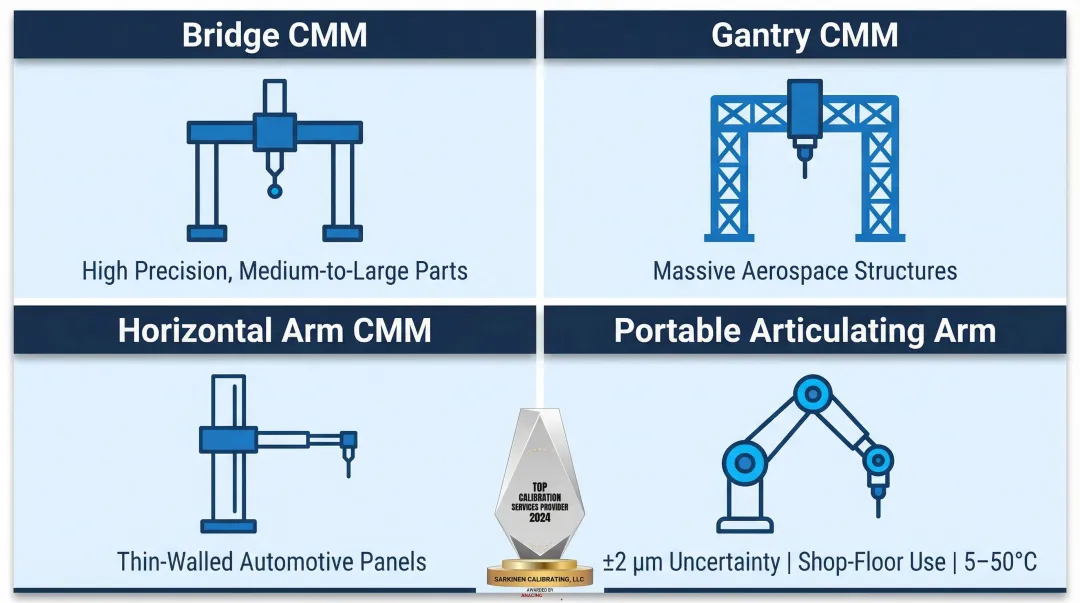 Four CMM types comparison infographic bridge gantry horizontal arm and portable articulating arm