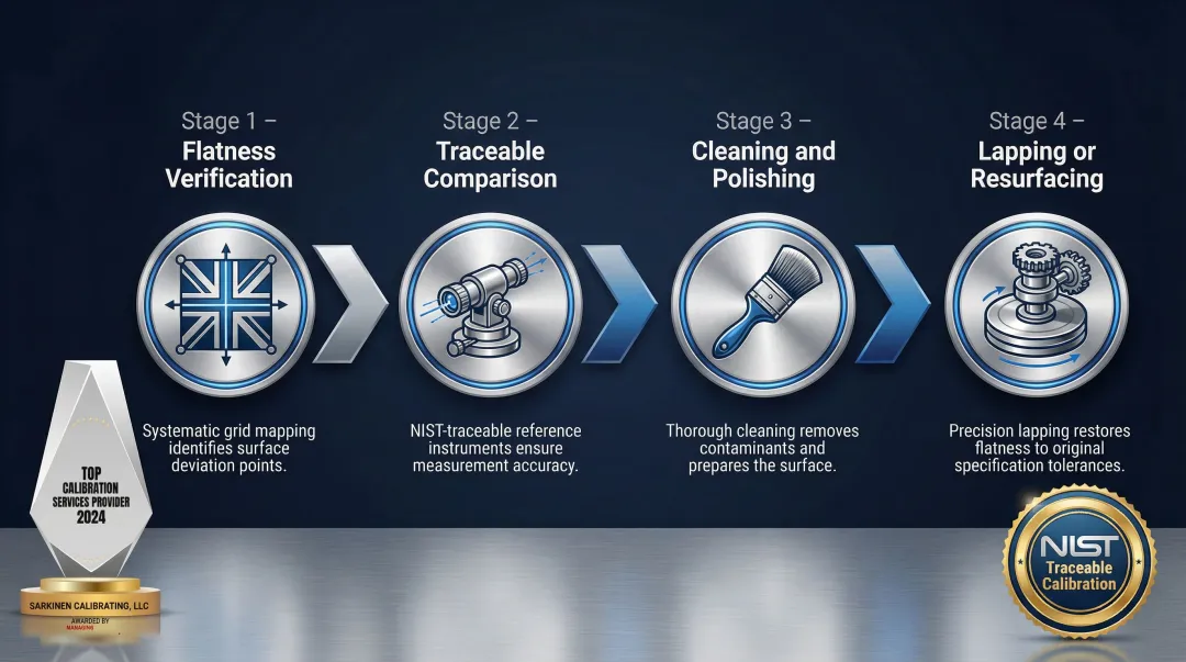 Four-step professional surface plate calibration process flow infographic
