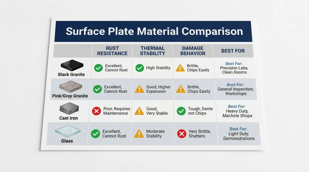 Surface plate material comparison chart granite cast iron and glass properties