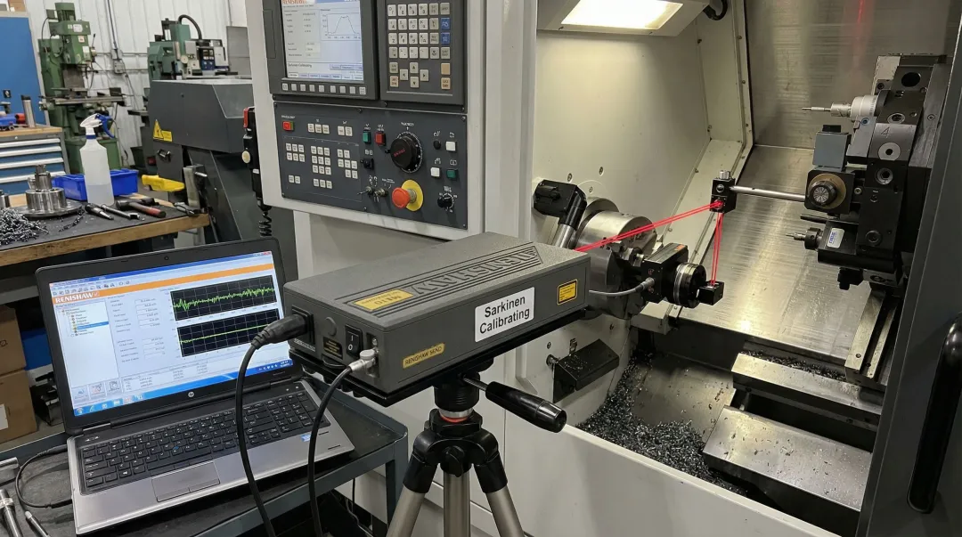 Renishaw laser interferometer calibration setup measuring CNC machine axis accuracy