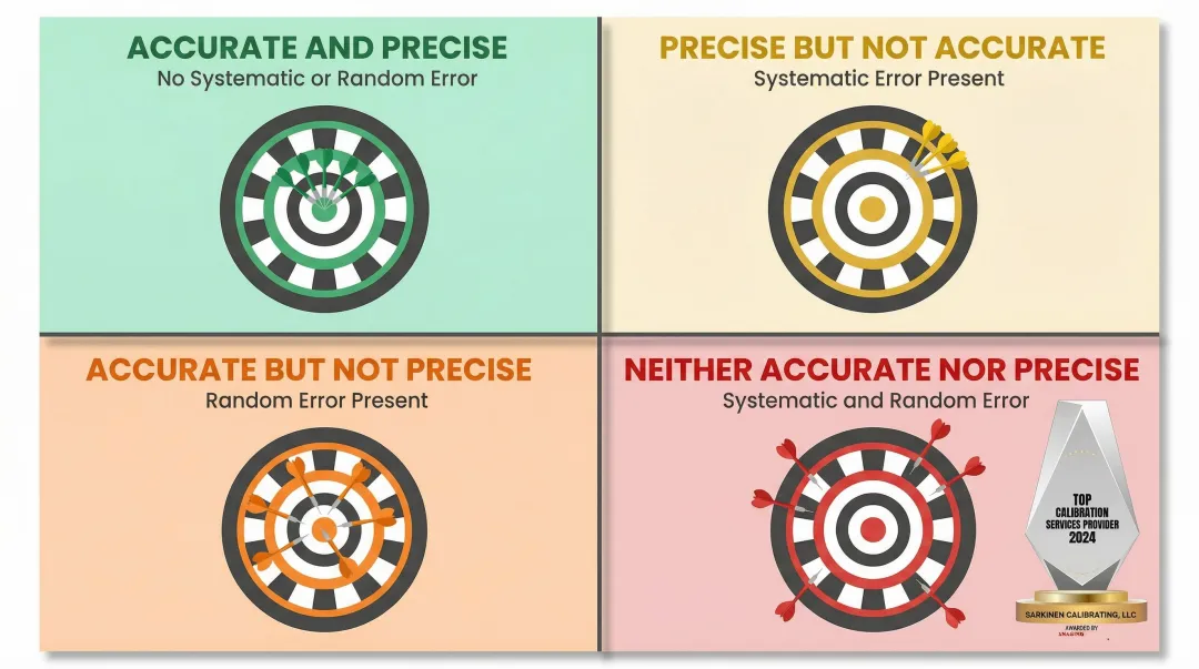 Accuracy versus precision dartboard analogy four-quadrant comparison infographic