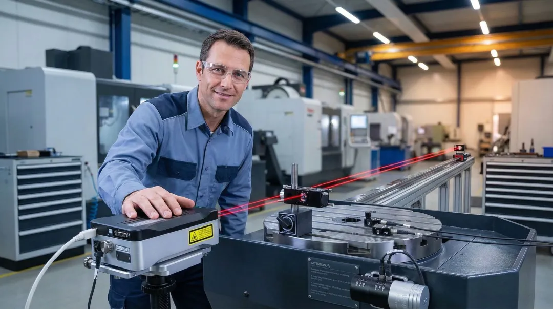 Industrial metrology technician using laser interferometer to calibrate CNC machine axis