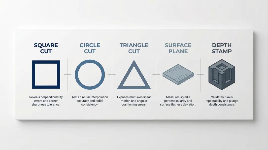 Five standard CNC geometric test cuts and their measured failure modes