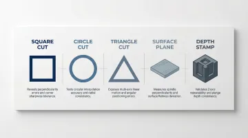 Five standard CNC geometric test cuts and their measured failure modes