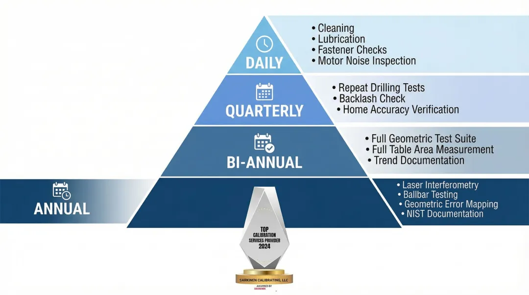 Four-tier CNC machine testing schedule from daily checks to annual calibration