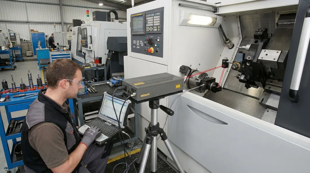 CNC machine calibration technician using laser interferometer on production floor