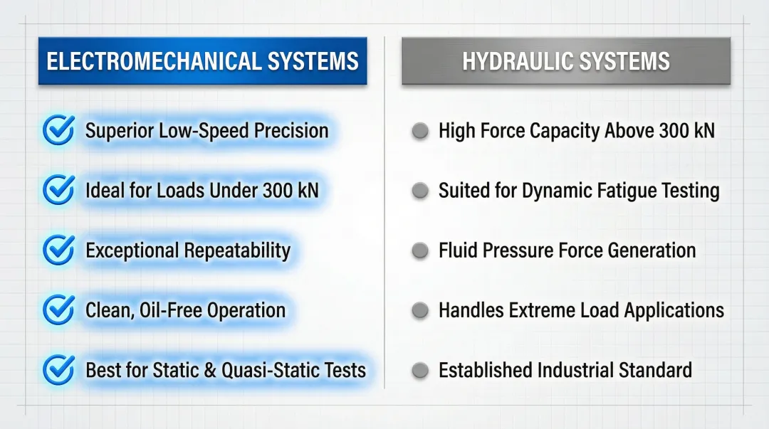 Electromechanical versus hydraulic testing systems side-by-side comparison infographic