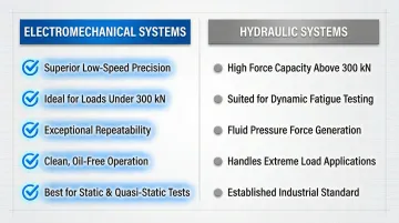 Electromechanical versus hydraulic testing systems side-by-side comparison infographic