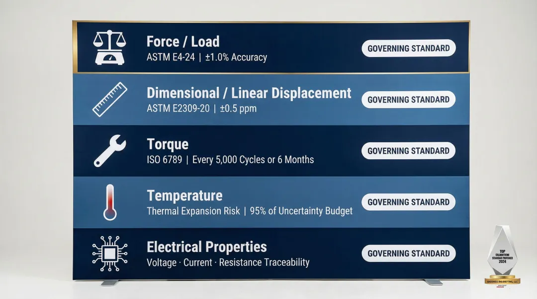Five primary precision measurement parameters with standards and accuracy requirements
