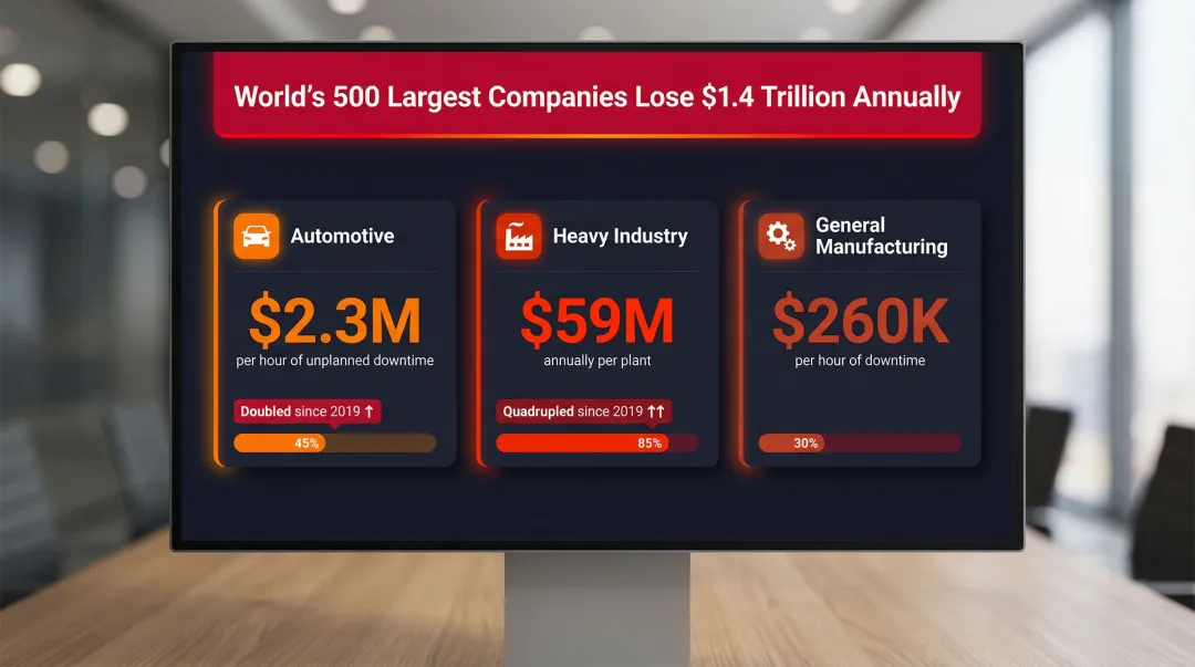 Unplanned manufacturing downtime costs by sector infographic with industry comparison