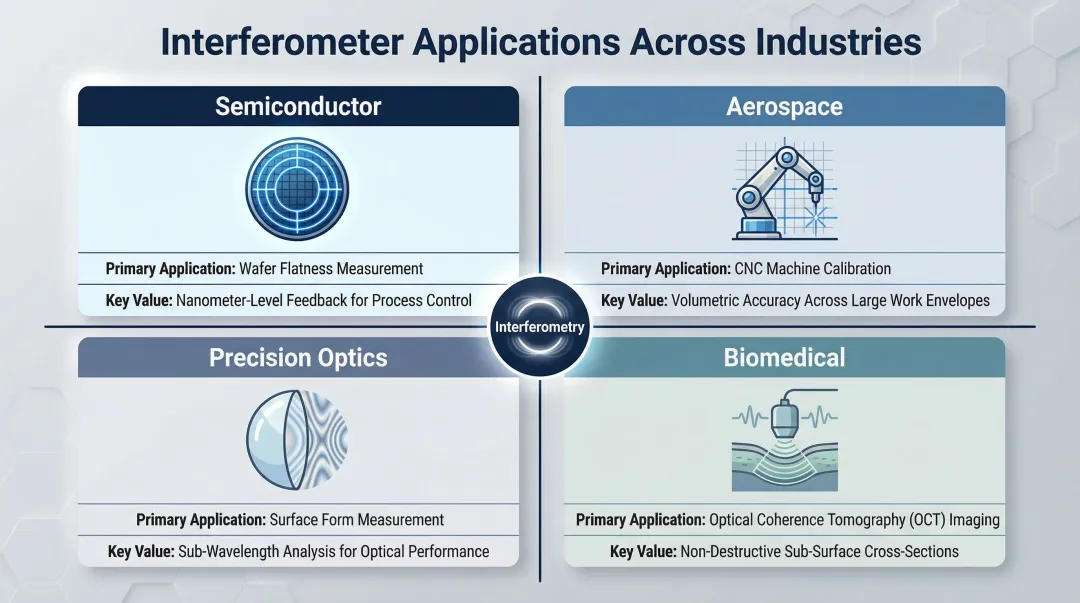 Interferometer cross-industry applications comparison across semiconductor aerospace optics and biomedical