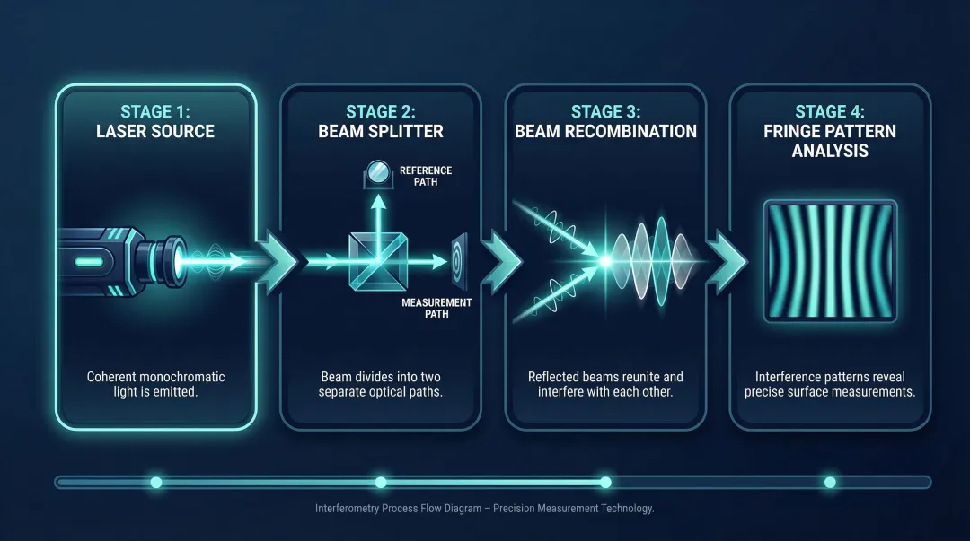 Interferometry beam splitting and fringe pattern measurement process flow diagram