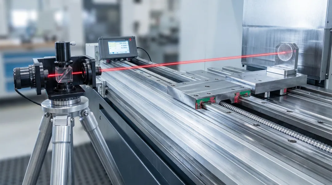 Renishaw laser interferometer calibrating CNC machine axis on production floor
